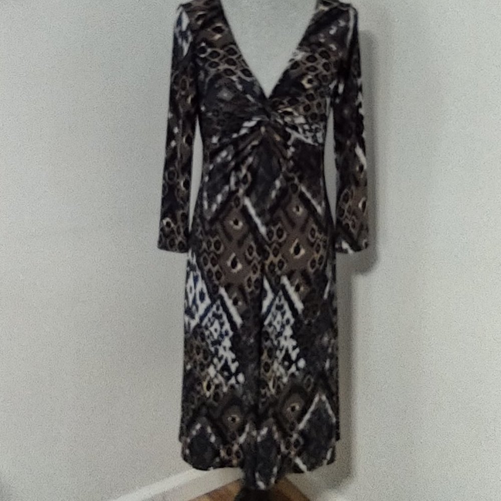 NWT Lily Black Brown Gray Animal Print Ruched Dress Size M Long Sleeves